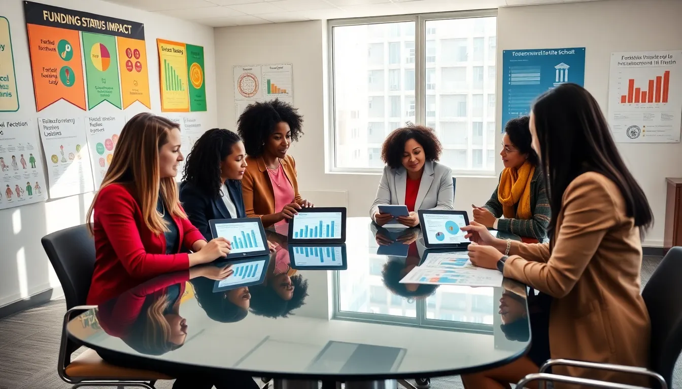 diverse educators discussing education funding disparities in a modern classroom.