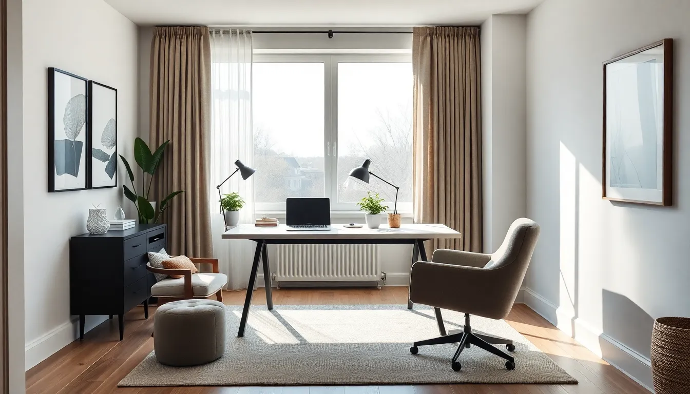 a modern home office with desk by a sunny window.