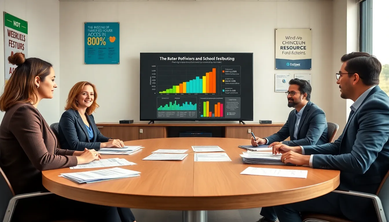 diverse educational leaders discussing school funding issues around a conference table.