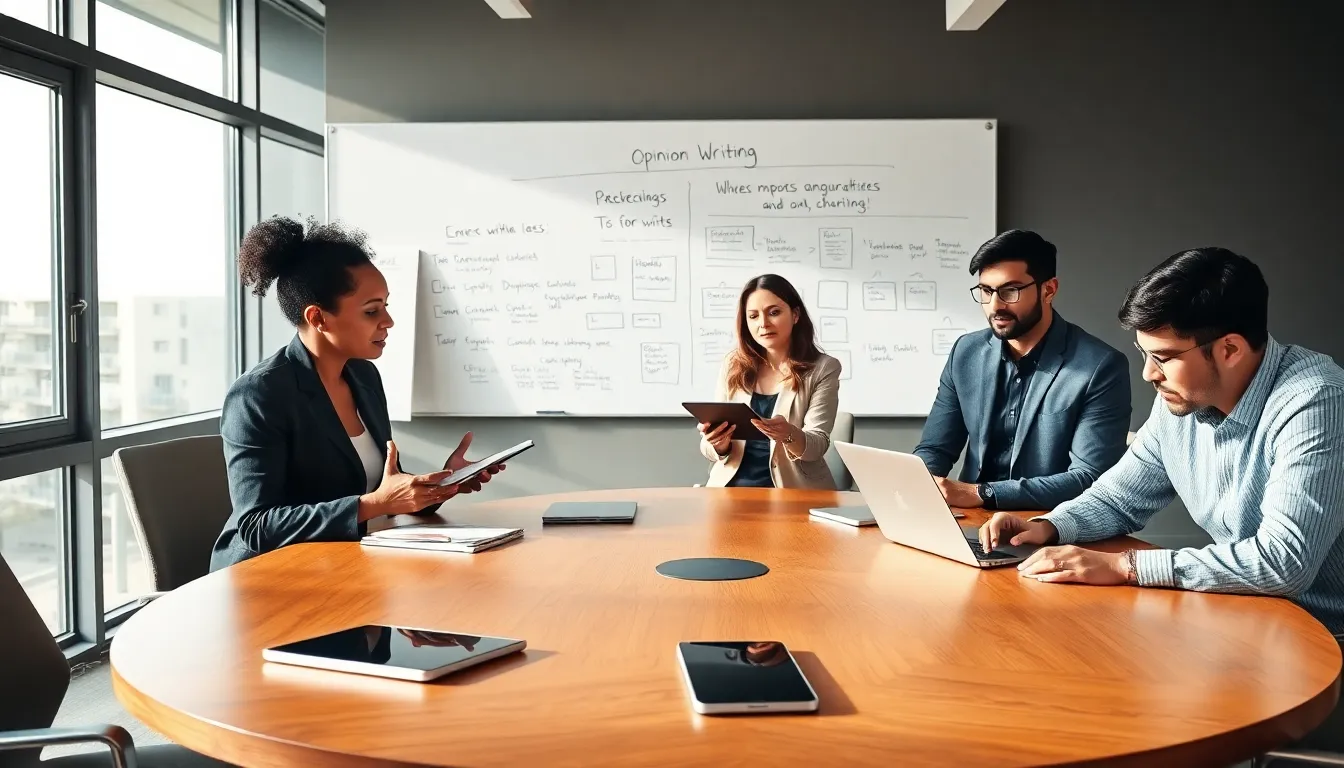 diverse professionals collaborating on writing opinion pieces in a modern office.