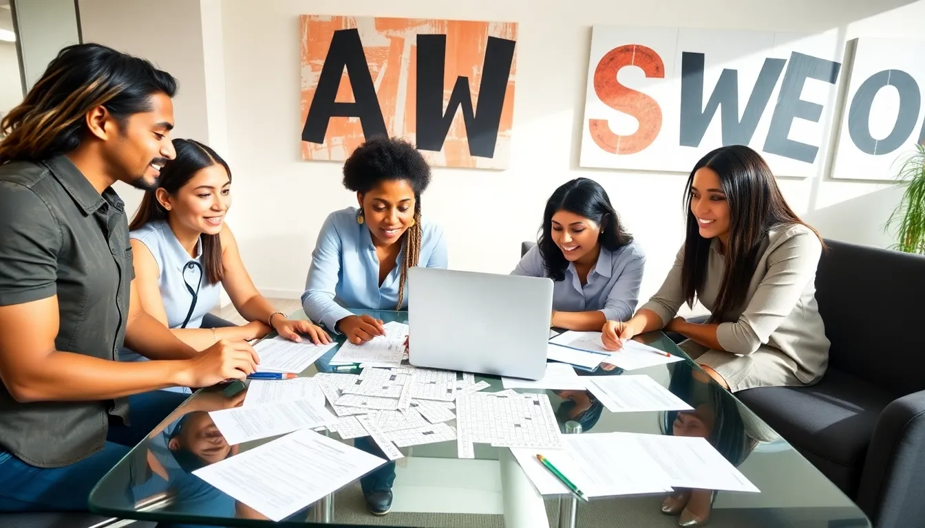 diverse team collaborating on a crossword puzzle in a modern office.