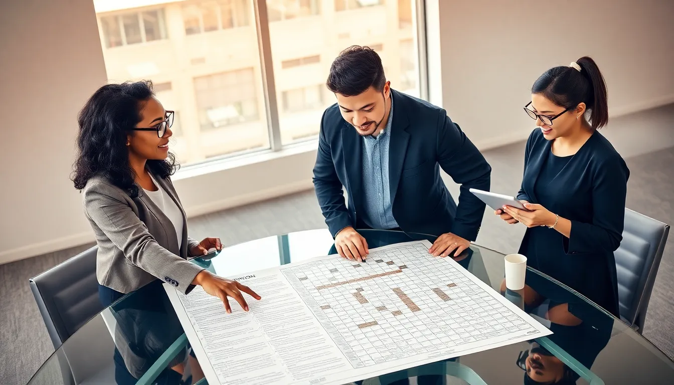 three professionals solving a crossword puzzle in a modern office.