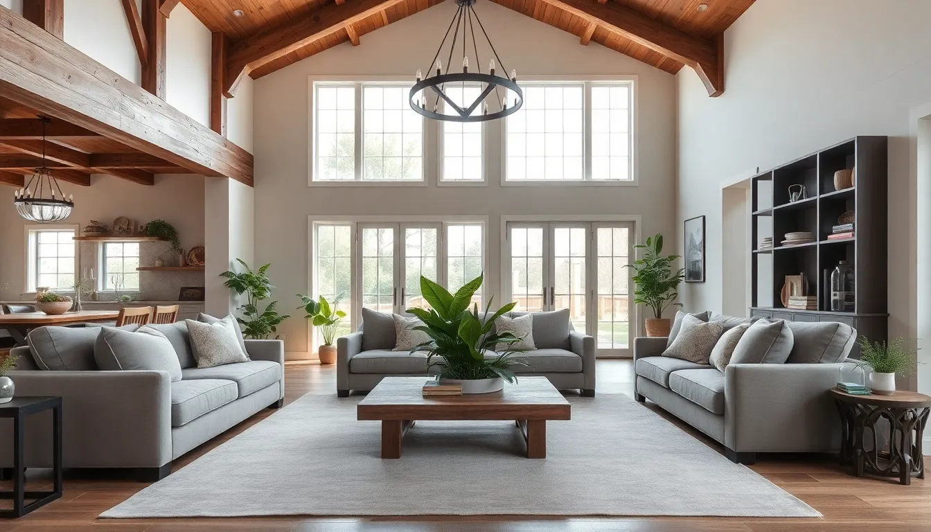 modern farmhouse living room with rustic and contemporary design elements.