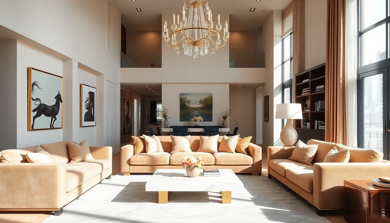 luxurious living room with elegant decor and natural light.
