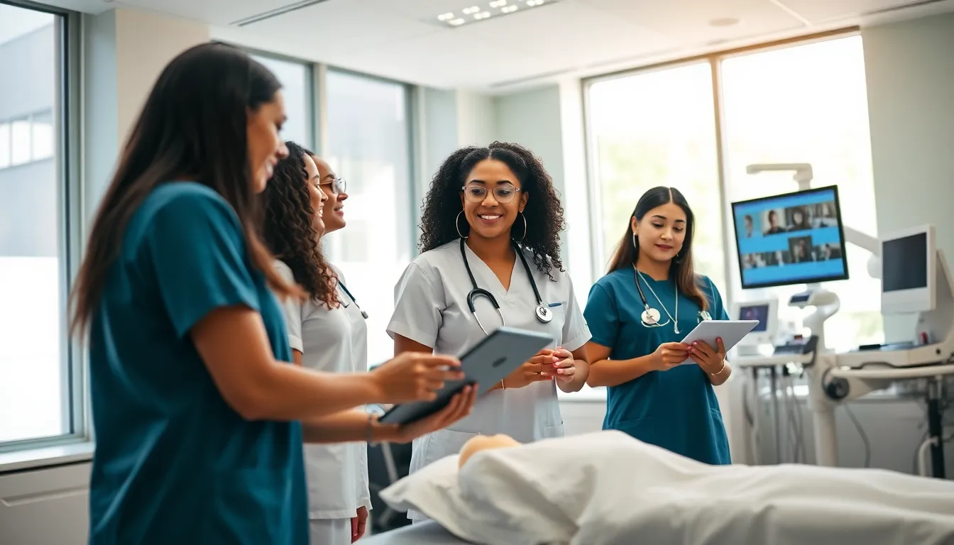 nursing students practicing in a modern simulation lab.
