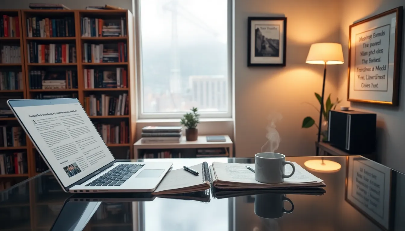 A journalist's workspace with a laptop and books on social issues.