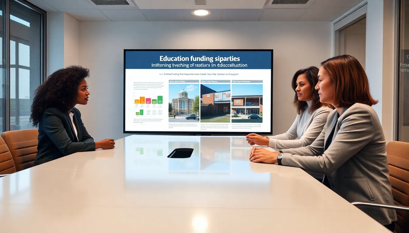 diverse team discussing educational funding disparities in a modern office.